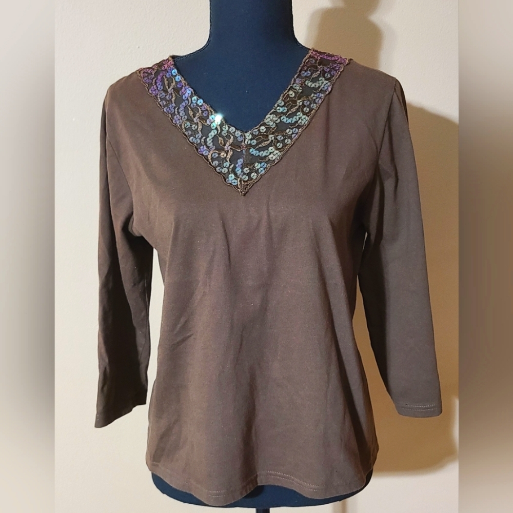 Vintage JasonMaxwell Brown Shirt with Sequin Neckline Size Medium